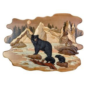 Bear Family River 25.5x34 Intarsia Wood Wall Sculpture Rustic Cabin Art